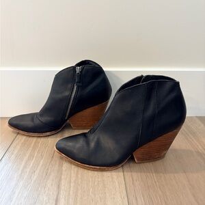 Eileen Fisher Black Leather Ankle Booties with Stacked Wood Heel